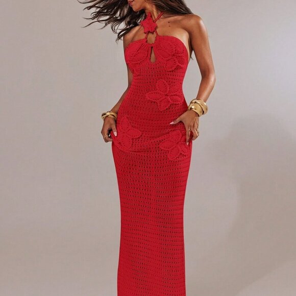 Red Sexy Women's Backless Halter Neck Maxi Knit Dress - Picture 6 of 8